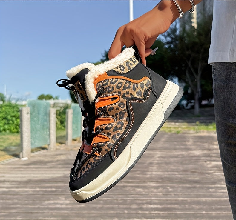 Women'S Stylish Leopard Print Winter Sneakers - Warm Fleece-Lined Casual Shoes with Thick Cushioned PVC Sole, Black & Orange Design, Perfect for Fall/Winter, Winter Sneakers | Leopard Print Shoes | Durable PVC Sole