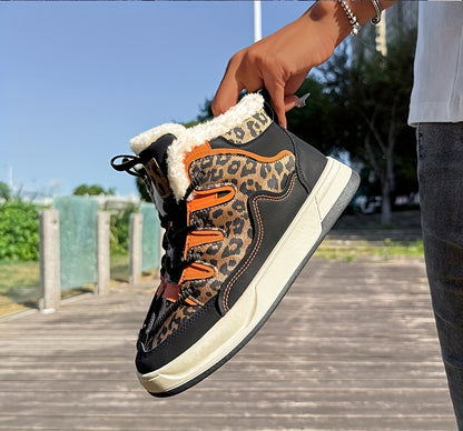 Women'S Stylish Leopard Print Winter Sneakers - Warm Fleece-Lined Casual Shoes with Thick Cushioned PVC Sole, Black & Orange Design, Perfect for Fall/Winter, Winter Sneakers | Leopard Print Shoes | Durable PVC Sole
