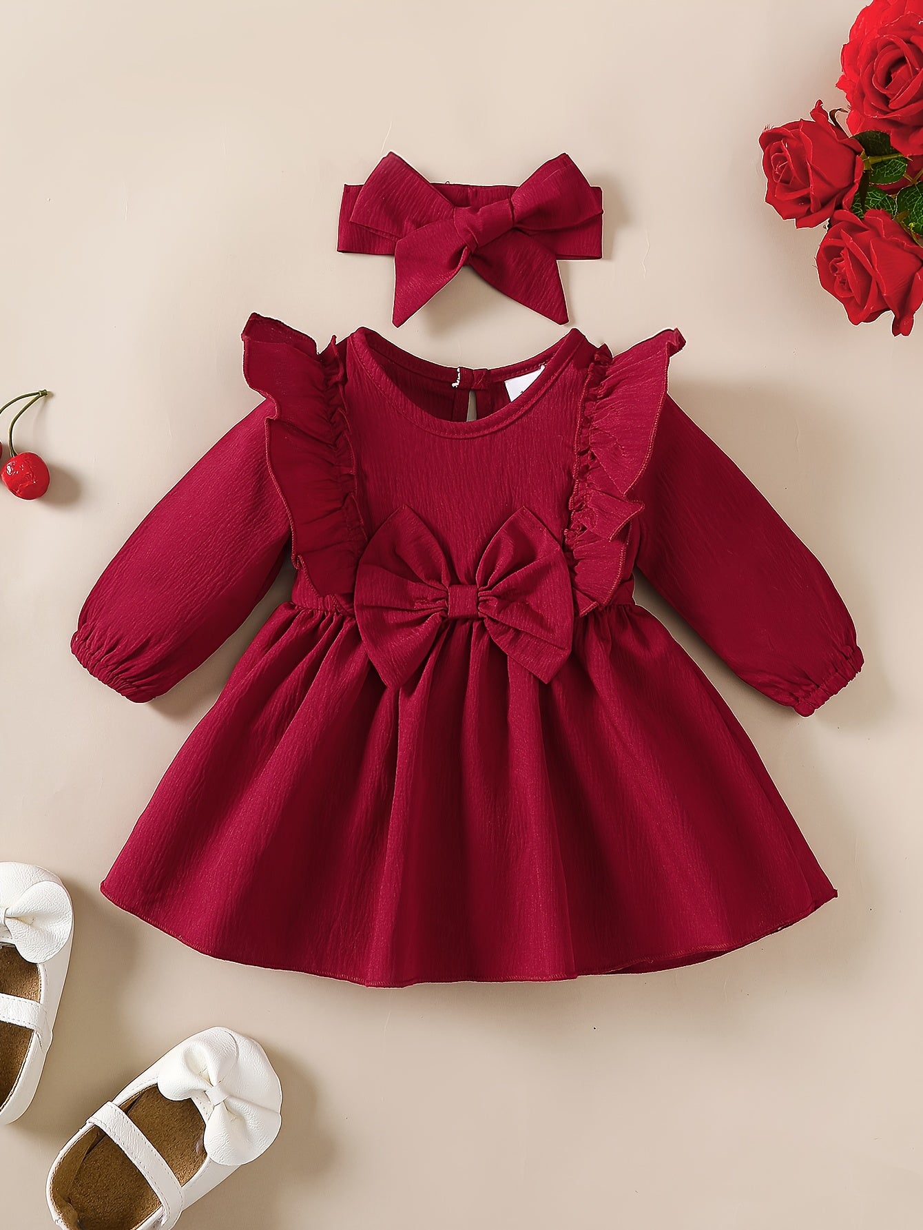 1-18 Months Girls' Red Dress | Christmas New Year Festival Party Wear with Headband, Princess Style, Autumn-Winter Collection, Crew Neck, Long Sleeve, Knee High, Flared Hem