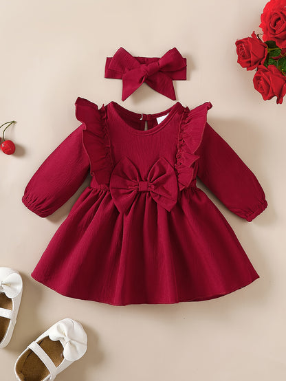 1-18 Months Girls' Red Dress | Christmas New Year Festival Party Wear with Headband, Princess Style, Autumn-Winter Collection, Crew Neck, Long Sleeve, Knee High, Flared Hem