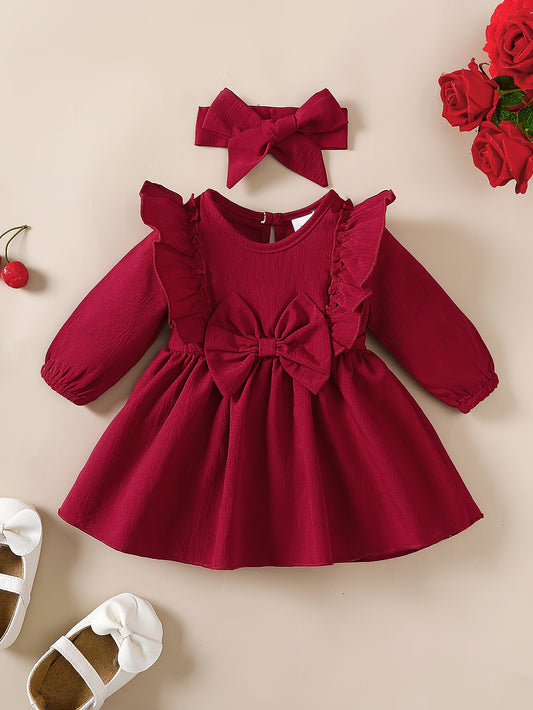 1-18 Months Girls' Red Dress | Christmas New Year Festival Party Wear with Headband, Princess Style, Autumn-Winter Collection, Crew Neck, Long Sleeve, Knee High, Flared Hem