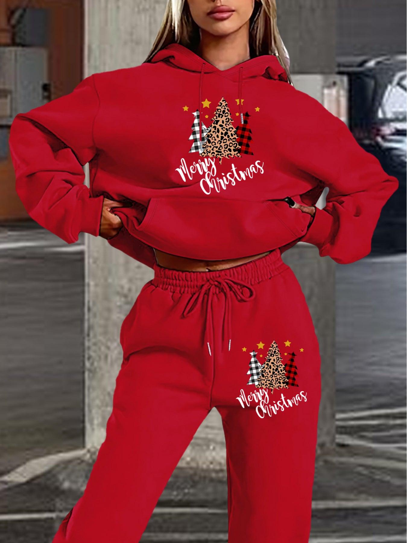 Women'S 2024 New Year Sweatshirt and Pants Set, Hooded Long Sleeve Casual Outfit with Pockets, Polyester Knit Fabric, Geometric Pattern, for Autumn/Winter Season