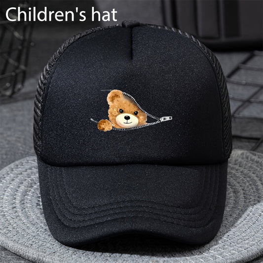Kids' Breathable Mesh Baseball Cap with Teddy Bear Design - Adjustable Snapback, Sun-Protective Trucker Hat for Boys & Girls, Black