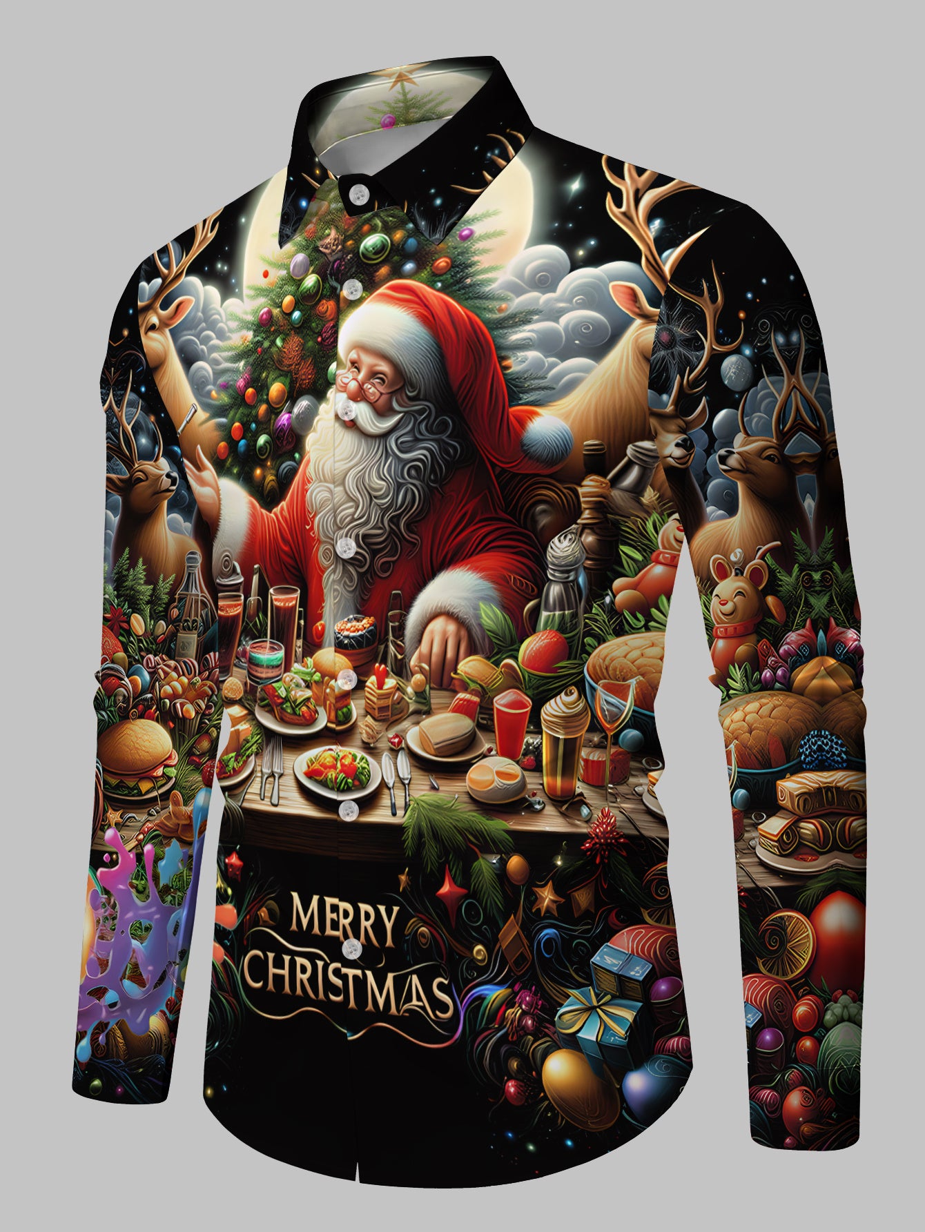 Men's Christmas Santa Claus & Reindeer Print Collar Long Sleeve Shirt - Full-Zipper-Free Button-Front Closure, Non-Stretch Holiday Party Costume or Casual Wear, Machine Washable Festive Attire with All-Over Christmas Motifs (
