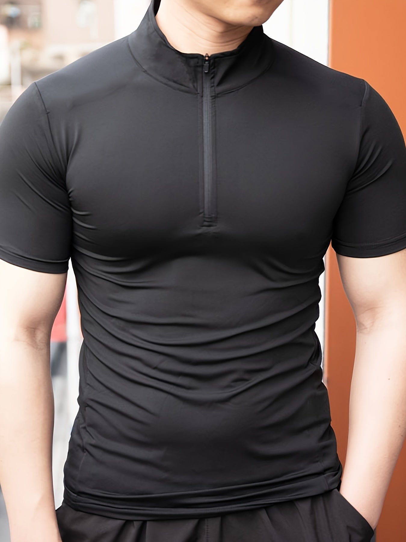 Men's Summer Quick-Dry High Neck T-Shirt - Moisture-Wicking Stretch Fabric, Slim Fit Athletic Top for Gym, Running  Training - Solid Color Breathable Workout Shirt, Gym Clothes