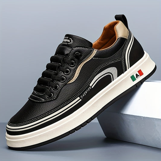 FC06 Men'S Casual Sneakers - Black  White Low-Top Lace-Up Shoes with Italian Flag Design, Faux Cover Upper, Cushioned PVC Sole, Breathable Fabric Lining for All-Season Comfort, Everyday Footwear, Modern Sneakers, Fabric Line