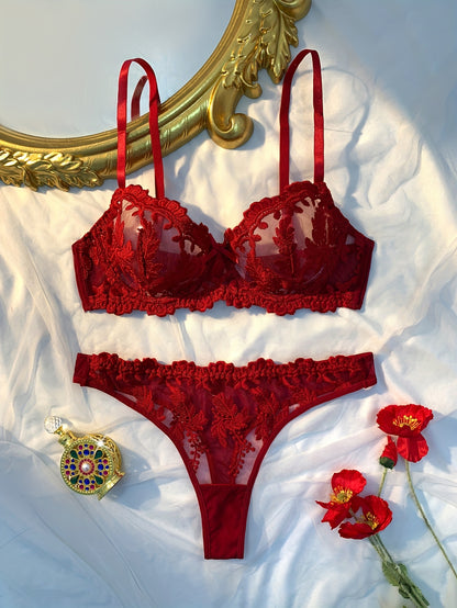Burgundy Embroidered Sheer Lingerie Set with Steel Ring Bra