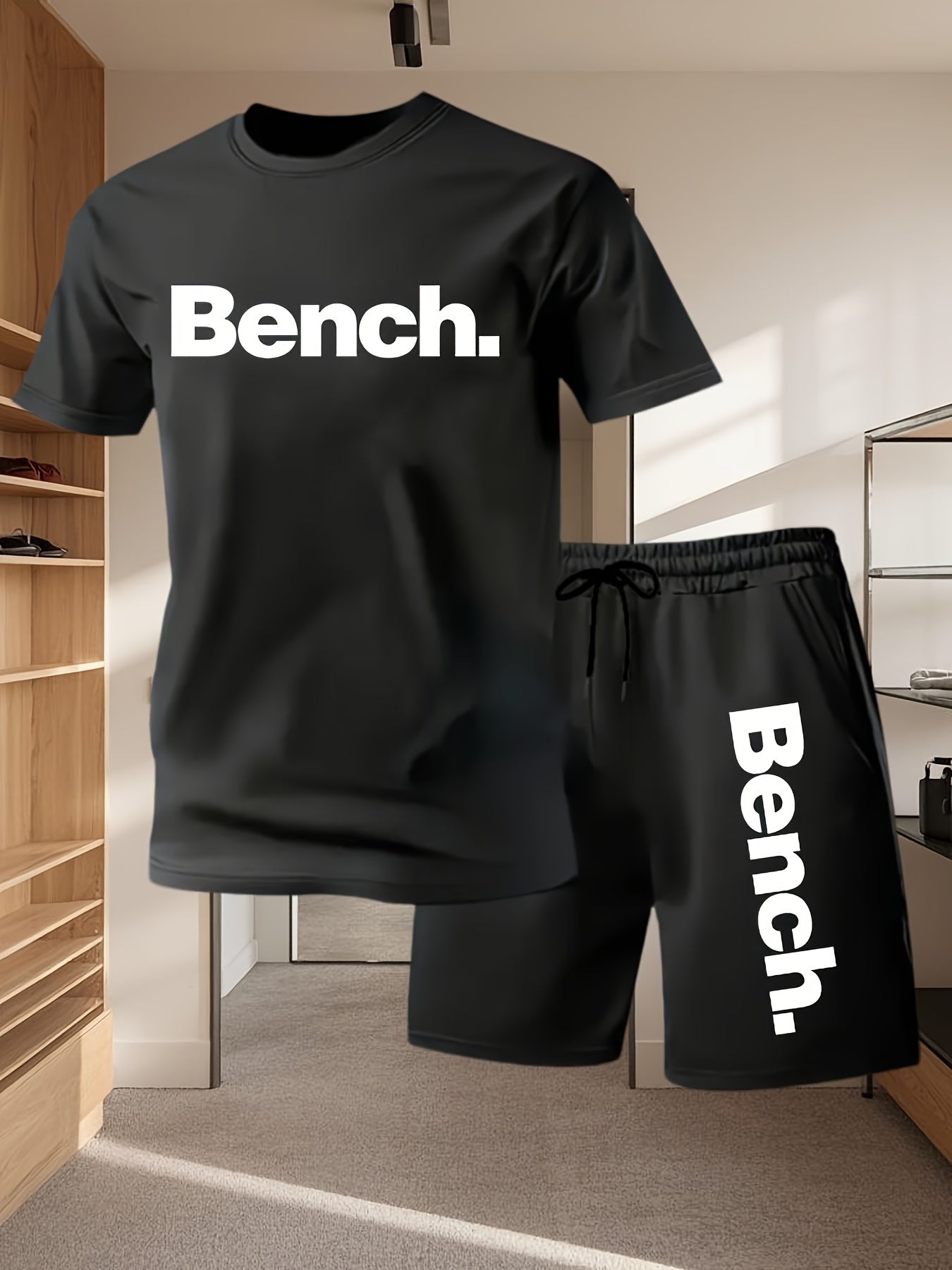 Summer Men'S Casual Sports Short Sleeve T-Shirt and Shorts Set, Comfortable Breathable, Suitable for Outdoor Jogging Running Fitness, Bench. Letter Print Design - 2pcs