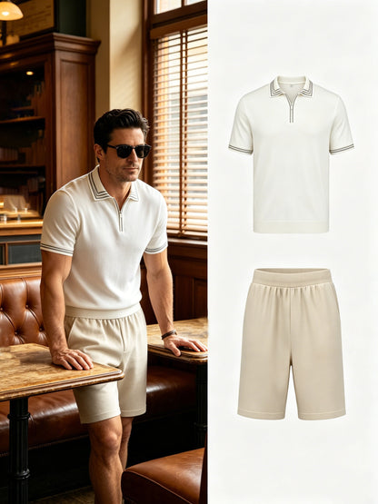 Men's Casual Striped Knit Polo & Lightweight Shorts Set