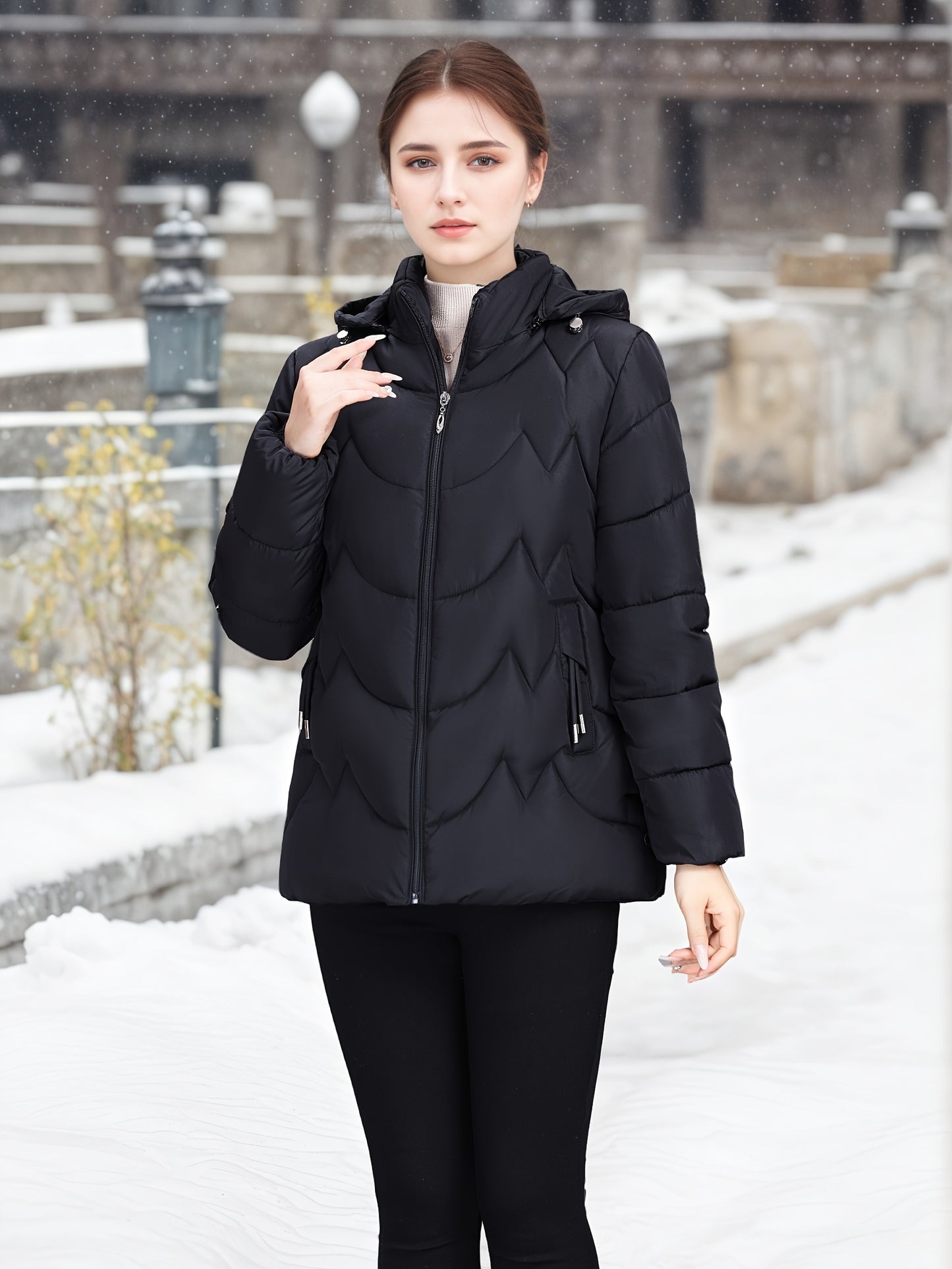 Women'S Elegant Black Winter Puffer Jacket - Long Sleeve, Zip-Up, Casual Style with Beaded Detail, Perfect for Snowy Days, Casual Winter Wear | Zippered Jacket | Functional Pockets