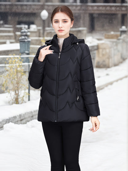 Women'S Elegant Black Winter Puffer Jacket - Long Sleeve, Zip-Up, Casual Style with Beaded Detail, Perfect for Snowy Days, Casual Winter Wear | Zippered Jacket | Functional Pockets