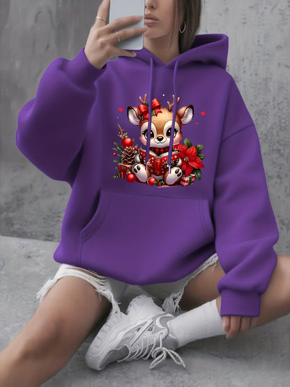 Women's Fashion Autumn/Winter Christmas Reindeer Print y Casual -Lined -Feel Hooded Sweatshirt