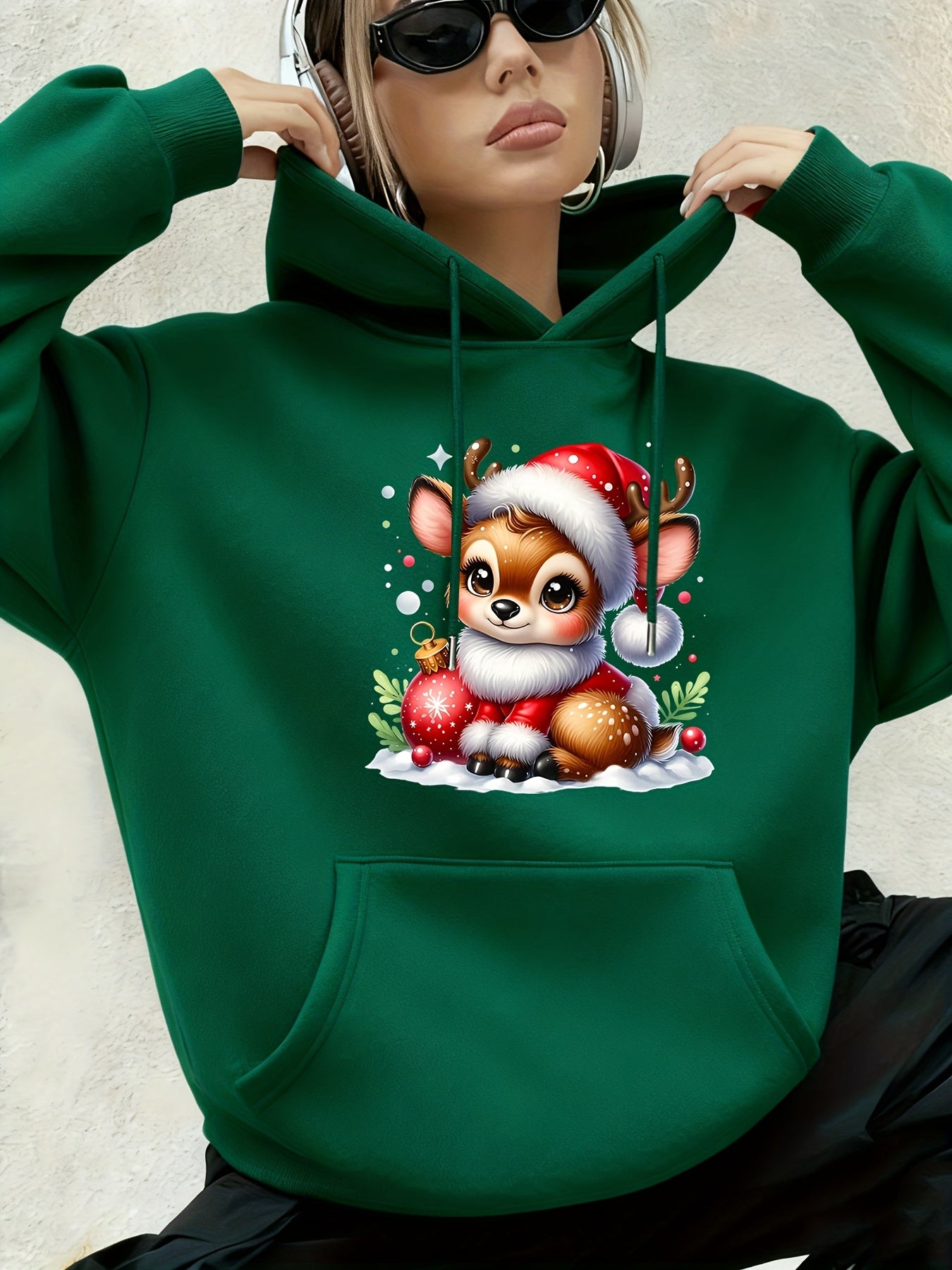 Women's Hooded Sweatshirt, Christmas Fashion Loose Elegant Long Sleeve Drawstring Hoodie, Atmospheric Print Red/Dark Green/Tender Pink/Violet Hooded Sweatshirt, Holiday Gift, Women's Clothing