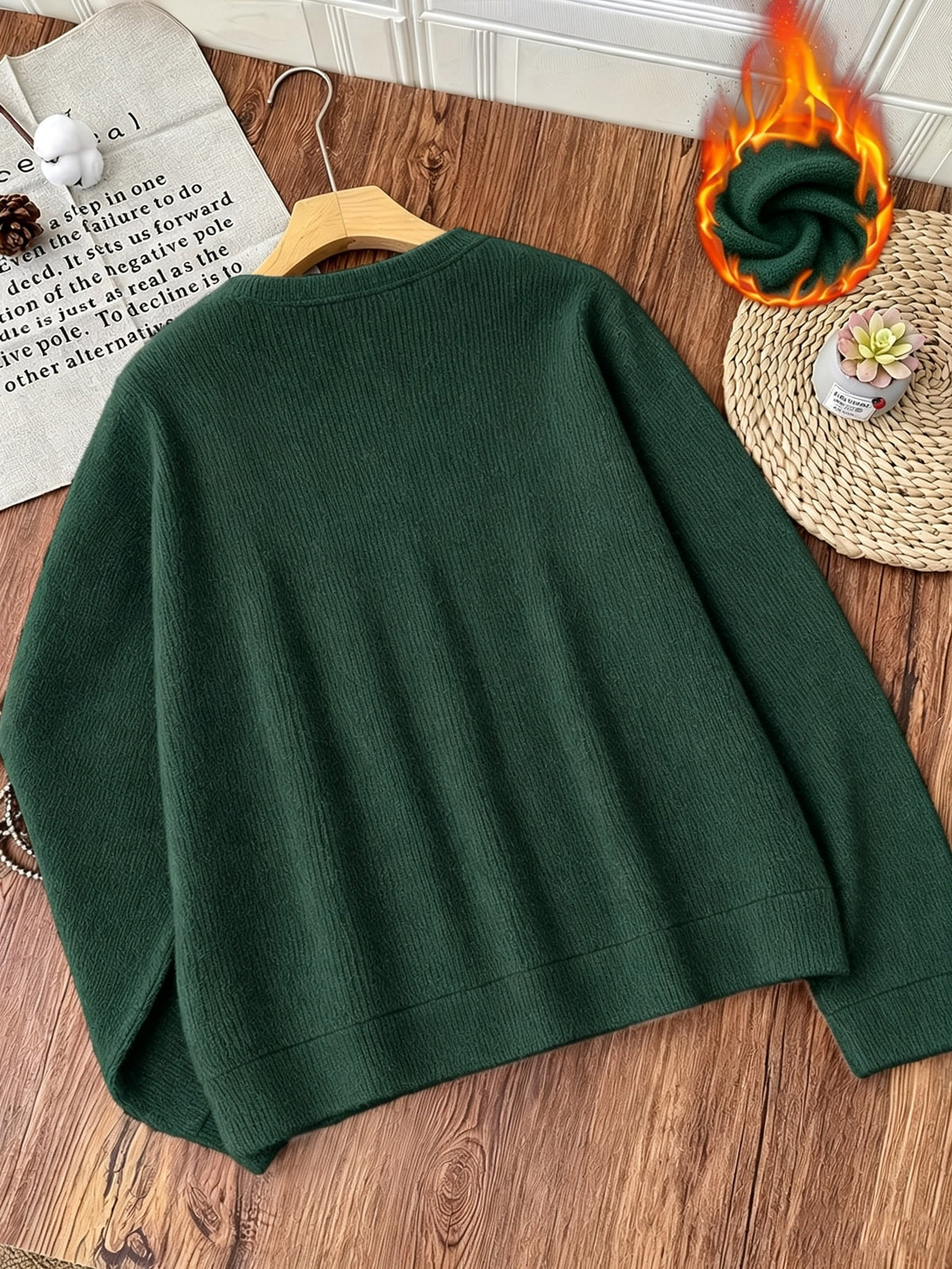 Women's Plush Long Sleeve Crew Neck Sweater - Casual Warm Pullover