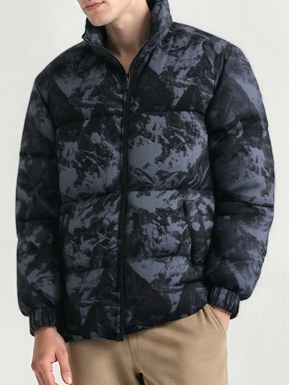 Men's Winter Mountain Camo Hooded Jacket with Insulating Polyester Fill - Stand Collar & Zippered Pockets, Machine Washable Outdoor Coat for Hiking, Camping, Casual Wear - White/Black/Gray (Regular Fit) by Ocean Muai Xing