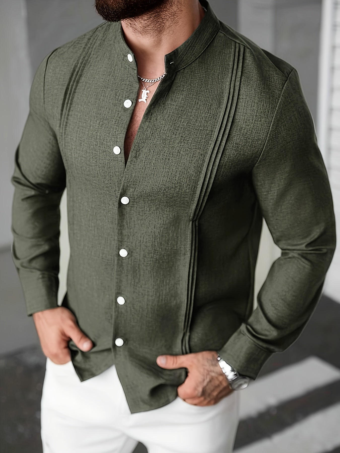 Men's Casual Stand Collar Long Sleeve Solid Color Shirt