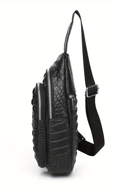 SCHLATUM Genuine Leather Crocodile Pattern Sling Bag - Black, Large-Capacity Multifunctional Crossbody Backpack for Travel, Sports  Camping, Stylish Zipper Closure Design