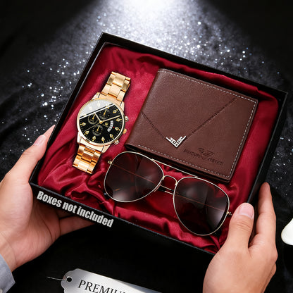 3pcs Men's Fashion High-End Quartz Watch + Business Casual Wallet and Versatile Glasses Combo Set, Perfect Gift for Friends on Holidays and Birthdays, Men's Gift