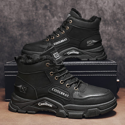 Men's Mid-Calf Winter Boots with -Like Collar & Plush - Heavy-Duty PU Upper, PVC Sole, Lace-Up Ankle for, Outdoor, Casual & Gym - Beige/Tan (Warm Cold Weather Trekking Shoes)