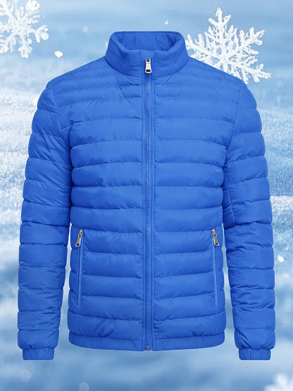 Men's Stand Collar Winter Jacket with Zipper and Fiber Filling