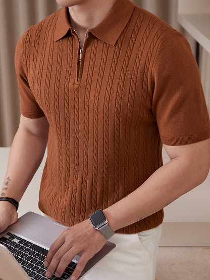 Men's Twisted Flower Knitted Shirt Short Sleeve Ribbed Knitted Shirt Spring and Autumn Lightweight Casual Texture Golf Shirt Collar Sweater Business Commuter Collar Bottom Shirt Top - ayq