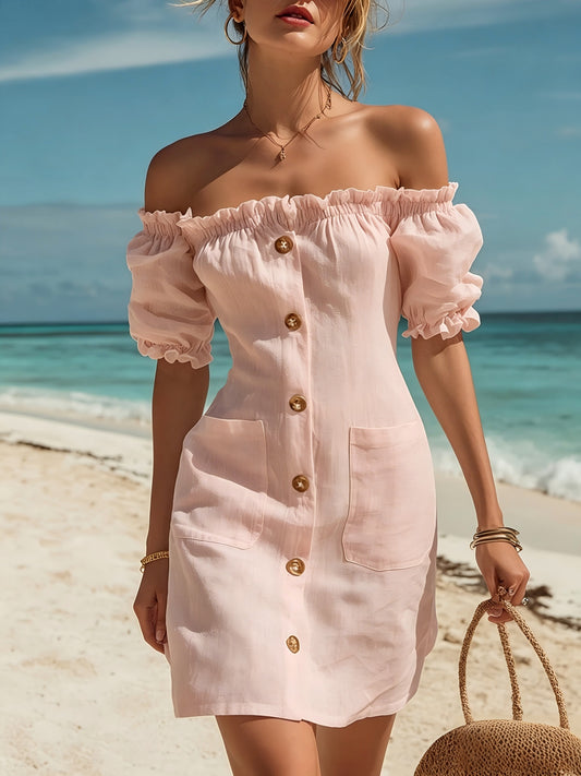 Women's Linen Off-Shoulder Ruffle Hem Mini Dress for Spring