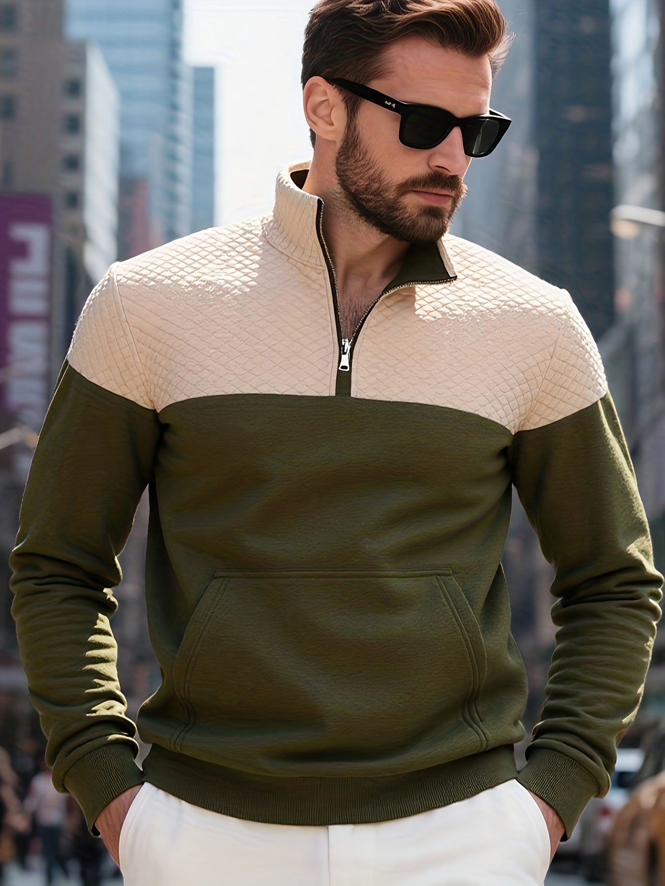 Men's Casual Half-Zip Color Block Sweatshirt with Kangaroo Pocket