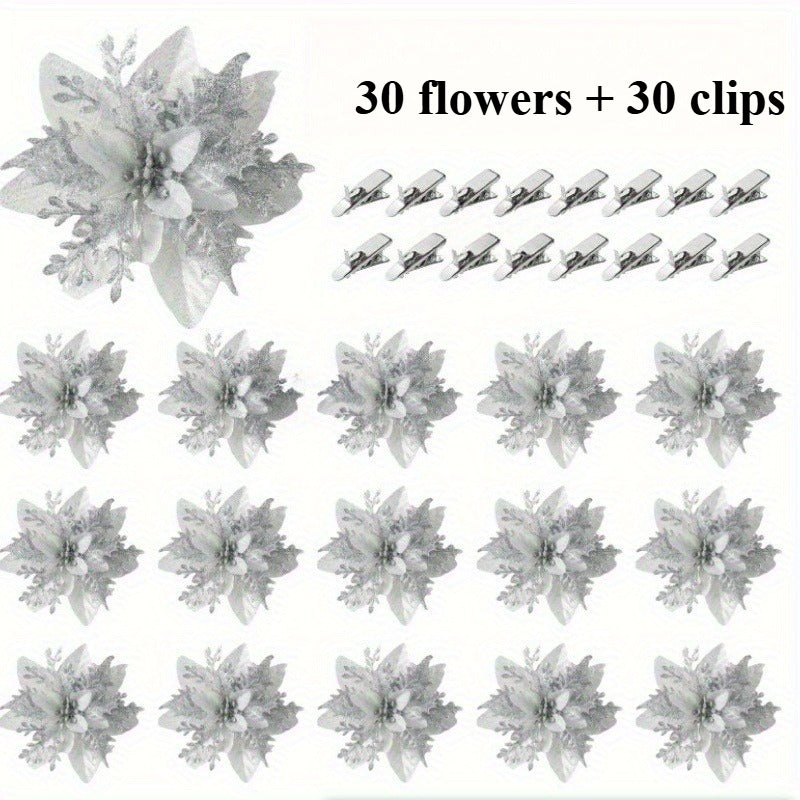 60 Shiny Flower Clips - 5.5-Inch Large Decorative Set, Suitable for Christmas, Weddings, New Year & Family Gatherings - Includes 30 Flowers & 30 Clips, Easy To Hang, Best For Christmas