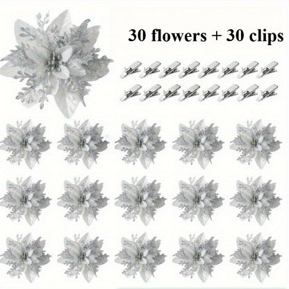 60 Shiny Flower Clips - 5.5-Inch Large Decorative Set, Suitable for Christmas, Weddings, New Year & Family Gatherings - Includes 30 Flowers & 30 Clips, Easy To Hang, Best For Christmas