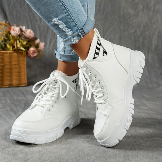 gfhfgjjfg Women's Casual High-Top Platform Ankle Boots with Lace-Up Closure, Thick Rubber Sole & Faux Cover Upper - Winter Warm Round Toe Boots for Casual Attire (Black/White/Beige), Comfortable Footwear, Durable Traction Foo