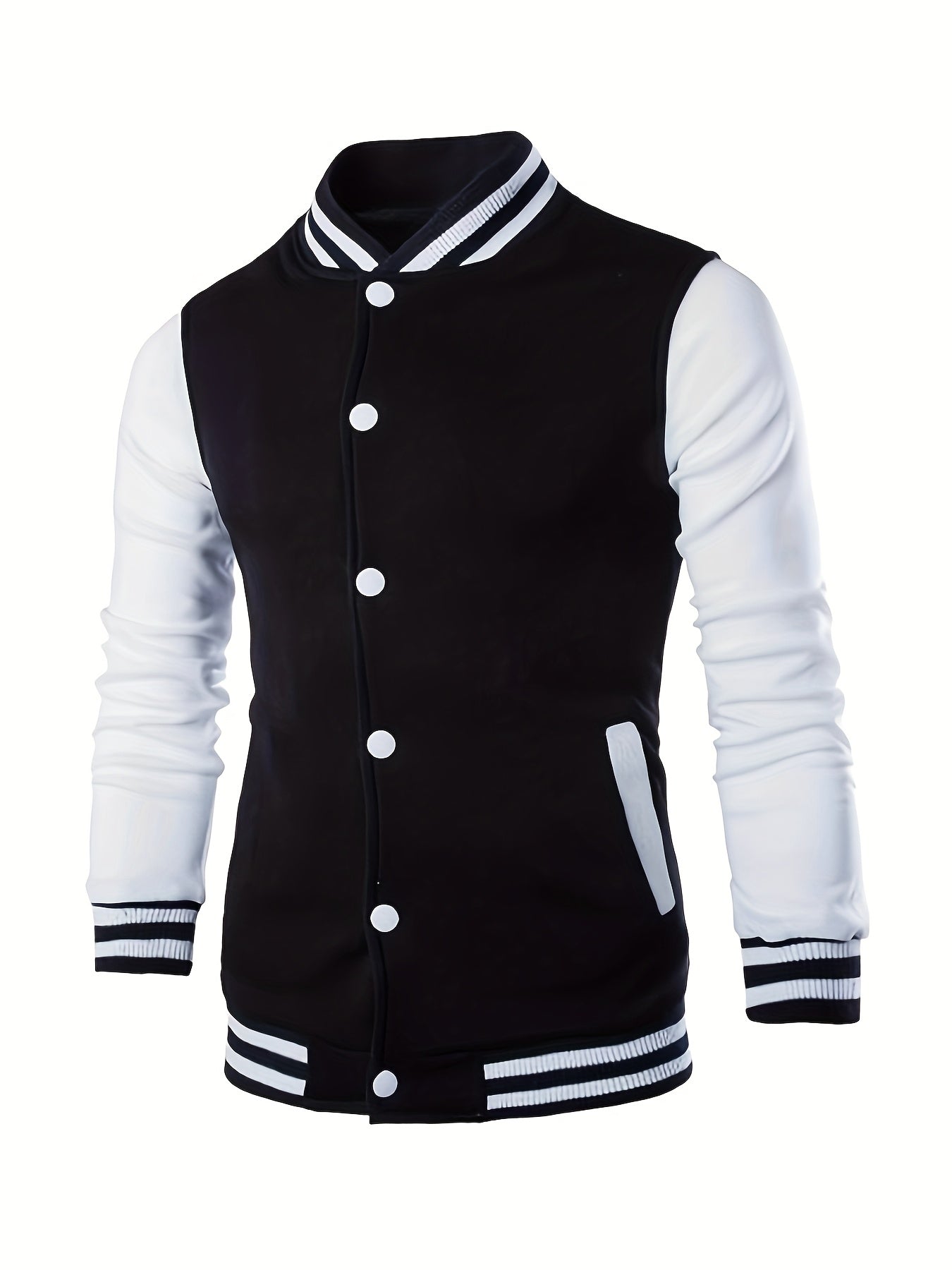 Men'S Casual Baseball Jacket - Stylish Black with White Stripes, Button-Up, Long Sleeve, Perfect for Spring & Fall, Casual Attire, Casual Wear|Baseball Jacket| Constructio