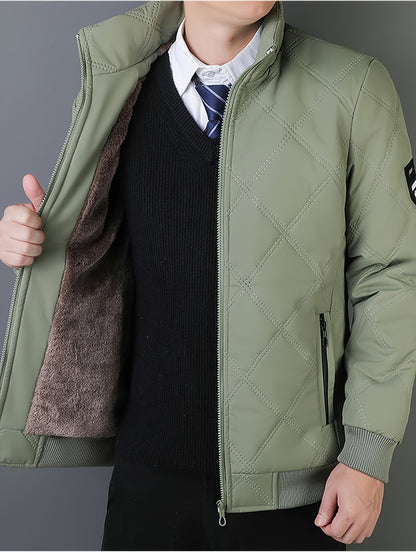 Men's Quilted Fleece Jacket with Stand Collar & Full-Zip Closure - Thick Winter Coat, Black/Brown & Warm Lining, Casual Outdoor Winter Wear for Skiing,, Cold Weather (Hand Wash/Dry Clean)