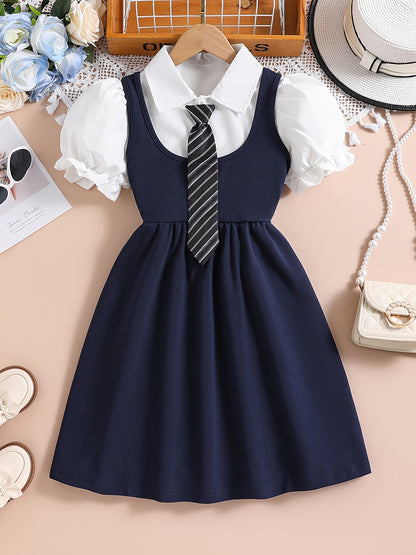 Girls' Preppy Campus Style Suspender Dress with Puff Sleeve Shirt
