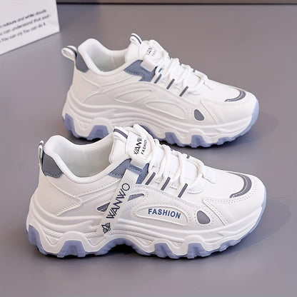Women'S Fashion Sneakers - White Low-Top Lace-Up with Thick Sole, Stylish Tassel Detail, Lightweight All-Season Hiking and Walking Shoes, Casual Outdoor Footwear Trendy Casual Shoes Lightweight Footwear