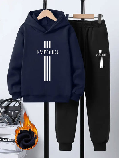 Boys' 2pcs Hoodie and Sweatpants Set with EMPORIO Print, Polyester Material, Comfortable Fit for Autumn/Winter Wear, Perfect for Daily Use and Outdoor Activities | Back-to-School Gift | Ideal for Home Sports | Essential for R