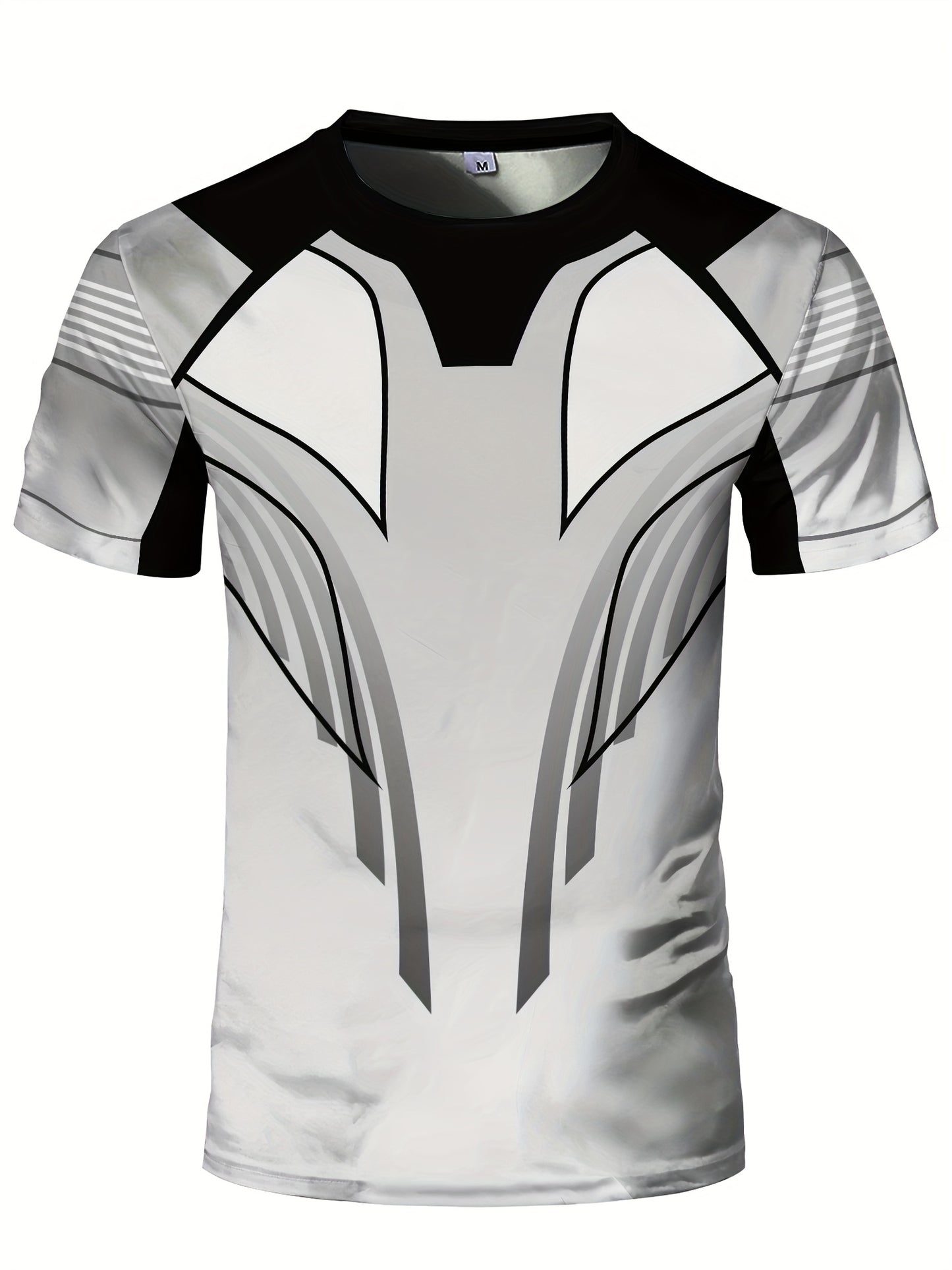 Men'S Slim Fit Breathable T-Shirt with Intricate Black  White Geometric Print - Moisture-Wicking Polyester-Spandex Blend, Machine Washable, Round Neck Short Sleeve for Summer Casual Wear, Gym, Hiking  Outdoor Activities