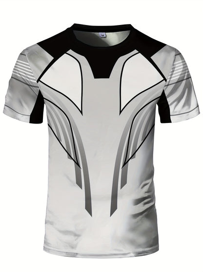 Men'S Slim Fit Breathable T-Shirt with Intricate Black  White Geometric Print - Moisture-Wicking Polyester-Spandex Blend, Machine Washable, Round Neck Short Sleeve for Summer Casual Wear, Gym, Hiking  Outdoor Activities