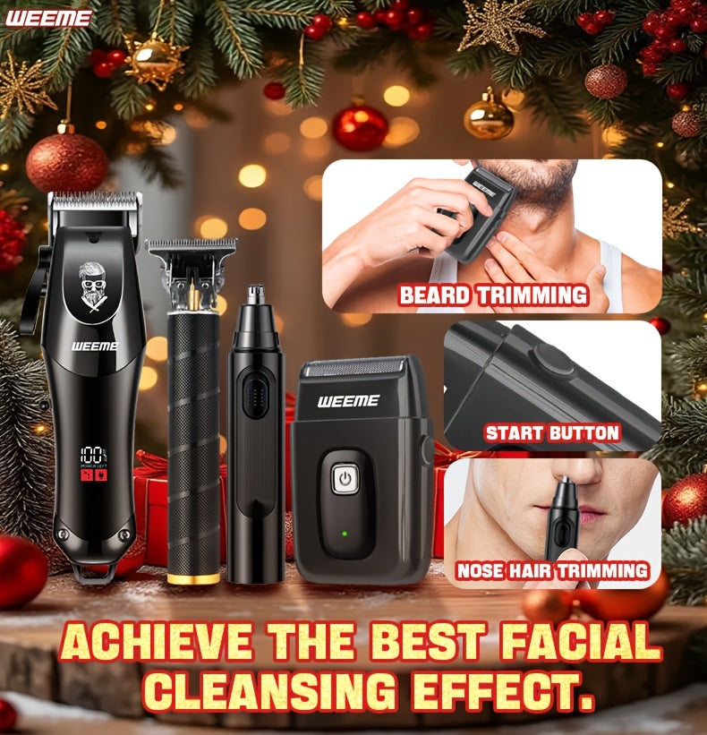 WEEME 4pcs Professional Hair Clipper Set for Men, Cordless Barber Clippers and Trimmer Kit, Electric Beard Trimmer and Nose Trimmer, Foil Shaver Grooming Tools, Luxury Christmas Gift Set for Him (Black) - ayq
