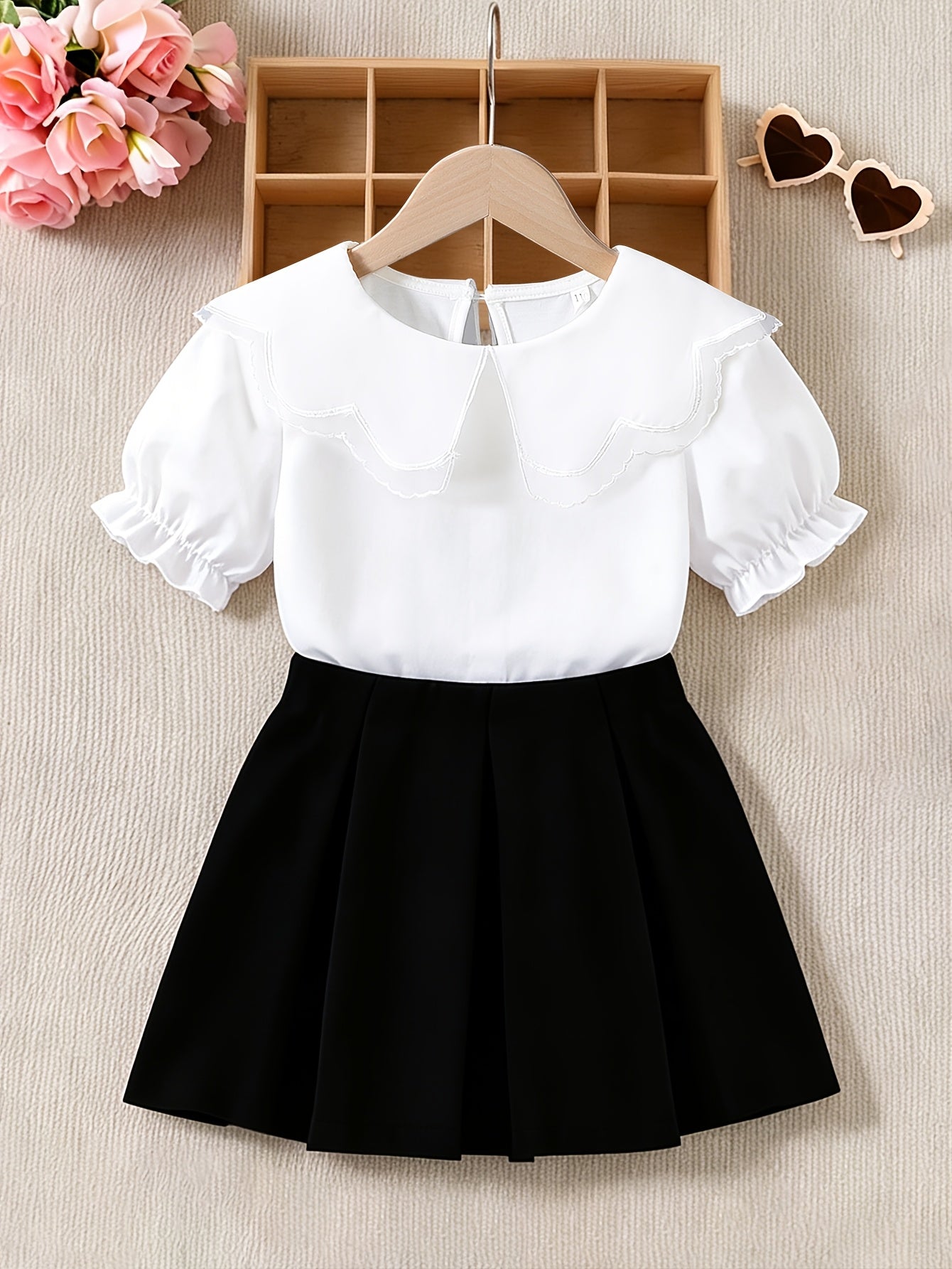 Girls' Summer 2-Piece Skirt Set with Lace Lapel T-Shirt