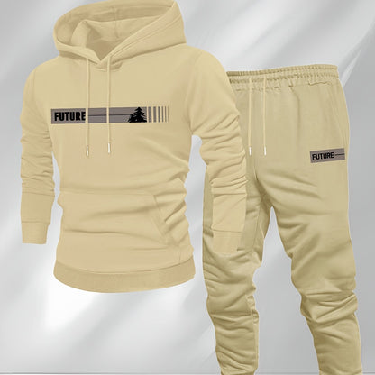 New Autumn and Winter Men's Fleece-Lined Hooded Sweatshirt Set with Print, Long-Sleeve Hoodie and Drawstring Pants for Couples