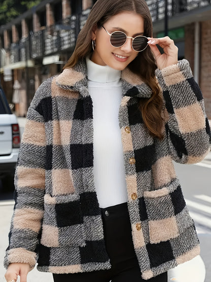 Women'S Plaid Jacket - Soft Brown/Black/Beige/White/Gray/ - Button-Front Closure, Structured Fit for Fall/Winter - Everyday & Formal Outfits - Cozy Outerwear for Women, Casual Wear, Classic Turndown Collar, Durable Fabric, Se