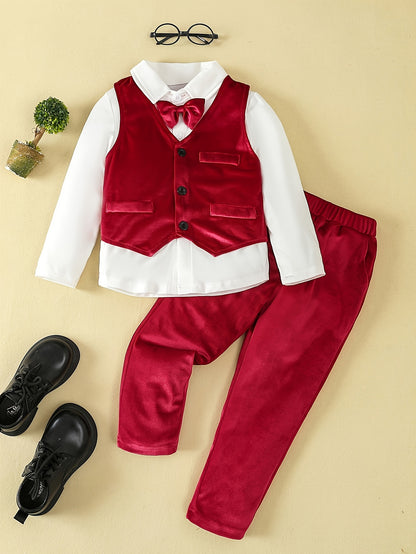 3pcs Boys' Gentleman Suit Set, Knitted Polyester, Solid Color, Slight Stretch, Regular Fit, with Long Sleeve Shirt, Bow Tie, Velvet Vest, and Pants, for Special Occasions - Party Outfit for Ages 12 and Under
