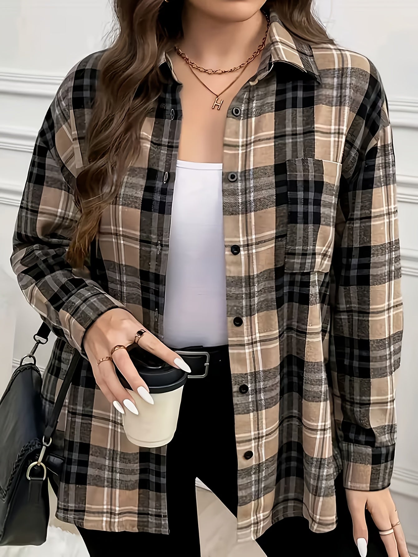Women's Elegant Plaid Button-Front Long-Sleeve Shirt for Spring/Fall