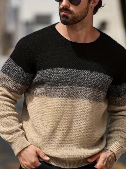 Men's Winter Gradient Color-Block Knit Sweater - Loose Fit Style Ombre Blending (Warm Round Neck Pullover) for Cold Weather, Casual & Smart-Casual Outfits - Opaque Loose-Fit Top
