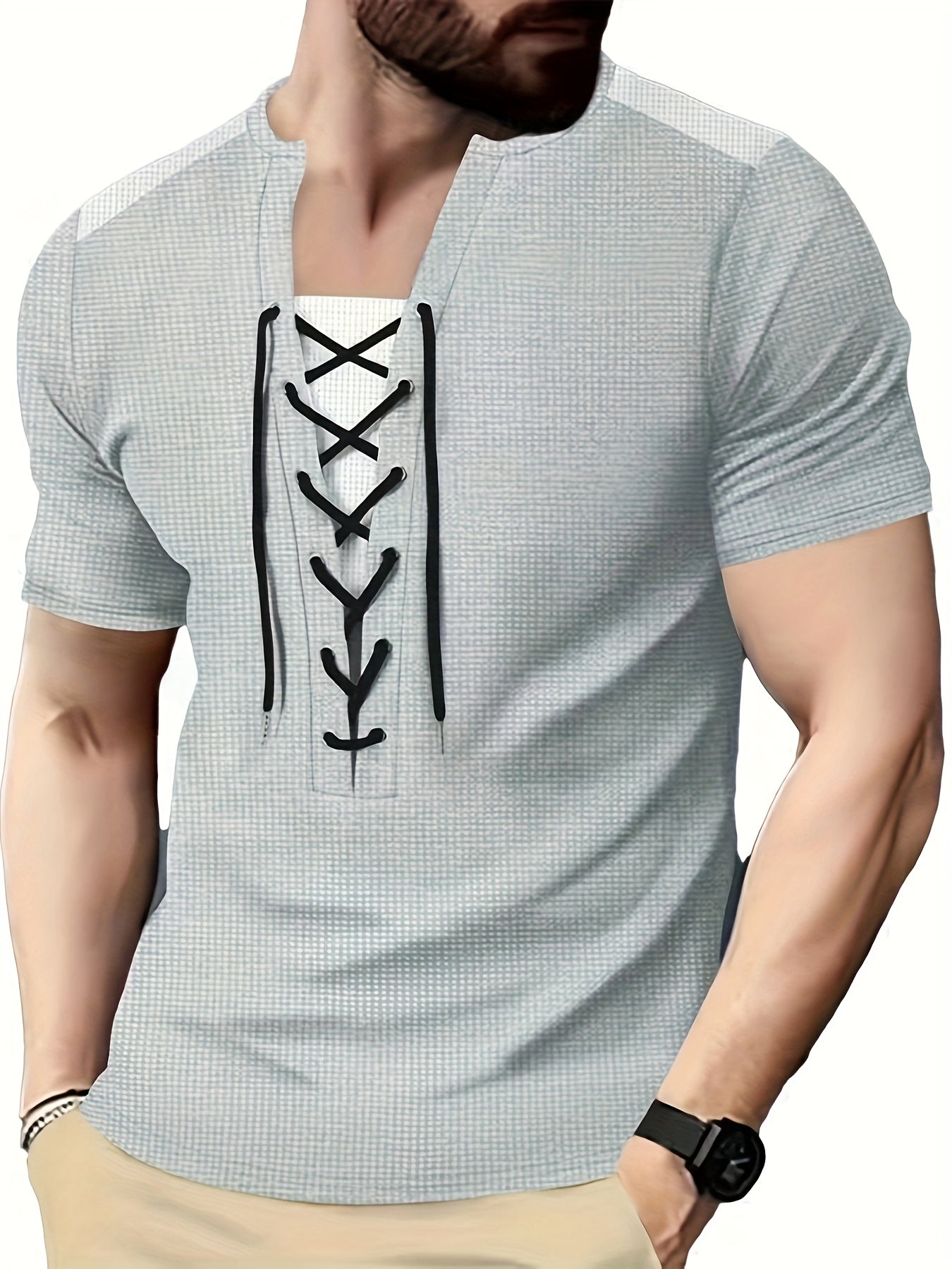 Men'S Casual Waffle Knit Short Sleeve T-Shirt with Drawstring Detail - Maroon  Black, Round Neck, Breathable Polyester Fabric for Summer Outings, Casual Weekend Wear   Round Neck Tee   Stylish Contrast Stitchin
