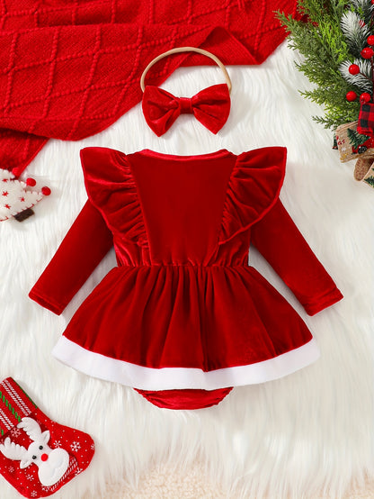 2pcs Golden Velvet Flutter Sleeve Lace Belt Decorated Long Sleeve Bodysuit with Fluffy Skirt + Bow Headscarf Set Autumn and Winter Christmas Cute Party Outfit, for Outdoor