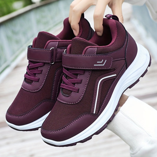 Women's Breathable Mesh Sneakers - Maroon Low-Top Casual Sneakers with Adjustable Hook-and-loop Fastener Strap  Laces, Comfortable Fabric Insole, All-Season Round Toe Design, Breathable Footwear   Stylish Mesh Sneakers   Adj