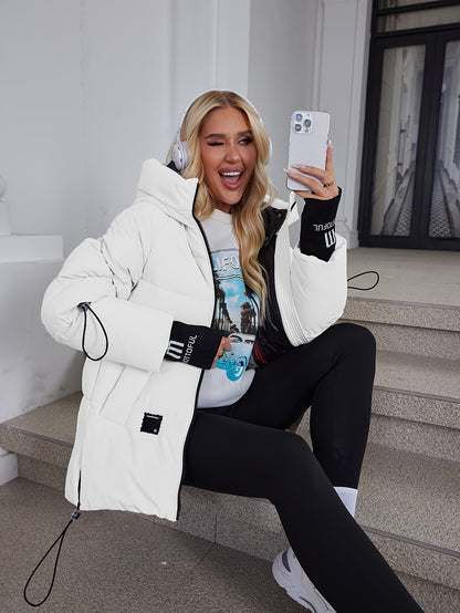 Women's Stylish Beige Puffer Jacket - Casual Warm Winter Coat with Black Trim, Long Sleeves & Zippered Hood, Polyester Fabric for Outdoor Comfort