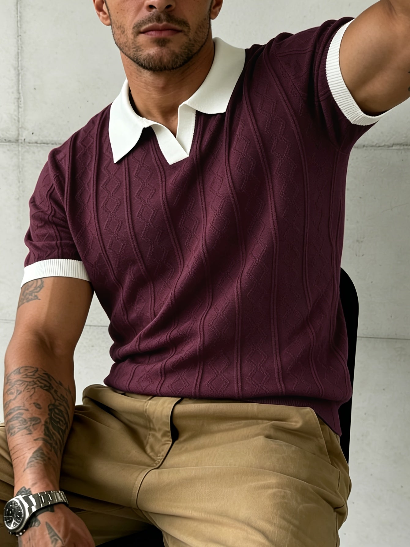 Men's Jacquard Knit Short Sleeve Polo with Contrast Collar