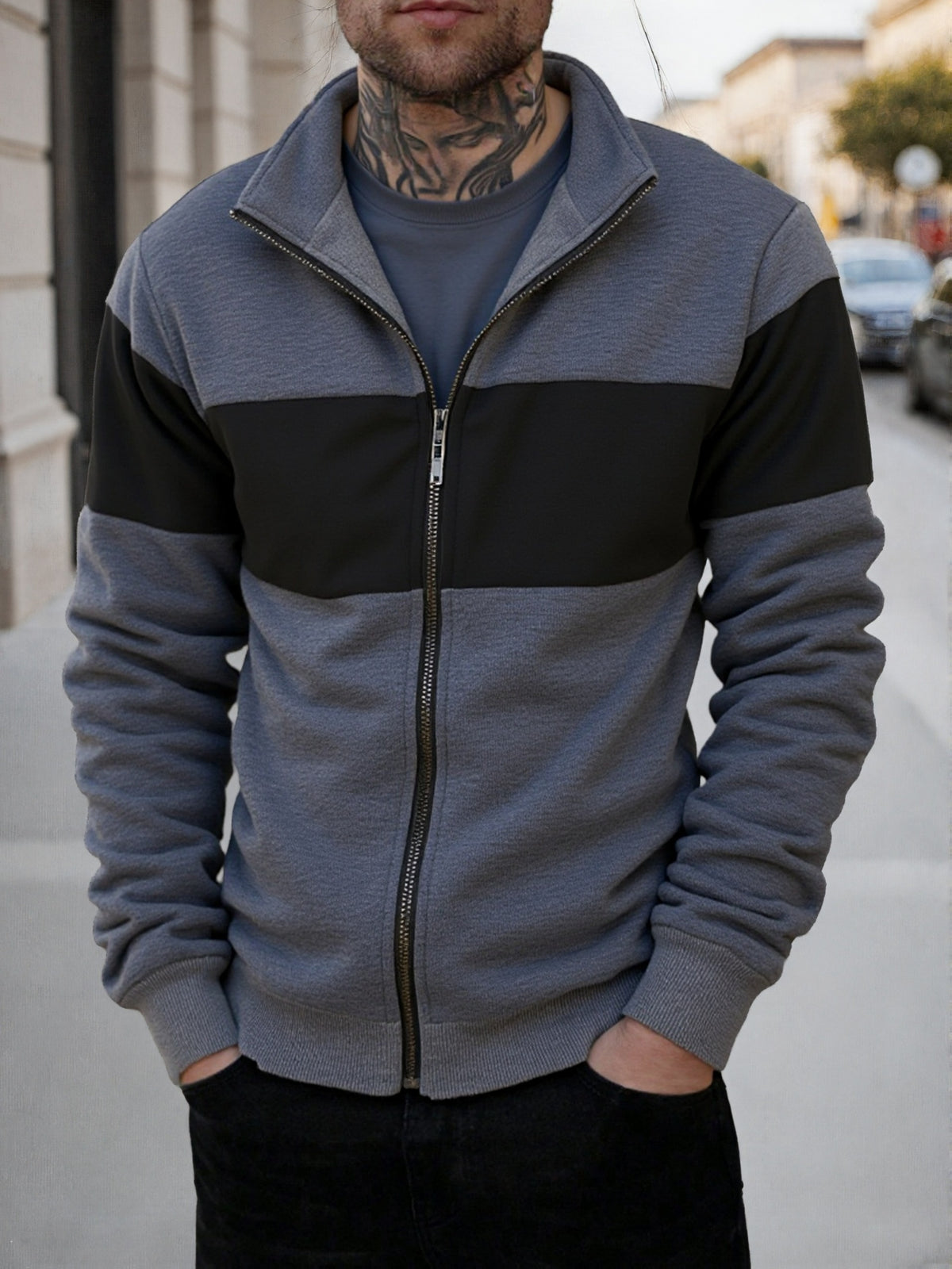 Men's Casual Stand Collar Zip-Up Fleece Jacket with Color Block